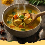 cremige haehnchen curry suppe mit kokosmilch - Eine köstliche, cremige Hähnchen Curry Suppe mit Kokosmilch, garniert mit frischem Koriander und Chili.