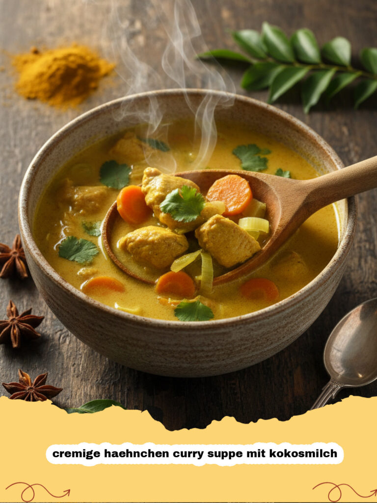 cremige haehnchen curry suppe mit kokosmilch - Eine köstliche, cremige Hähnchen Curry Suppe mit Kokosmilch, garniert mit frischem Koriander und Chili.