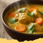 cremige haehnchen curry suppe mit kokosmilch - Eine dampfende Schale cremige Hähnchen Curry Suppe mit Kokosmilch, garniert mit frischem Koriander und Limettenspalten, daneben Reis.