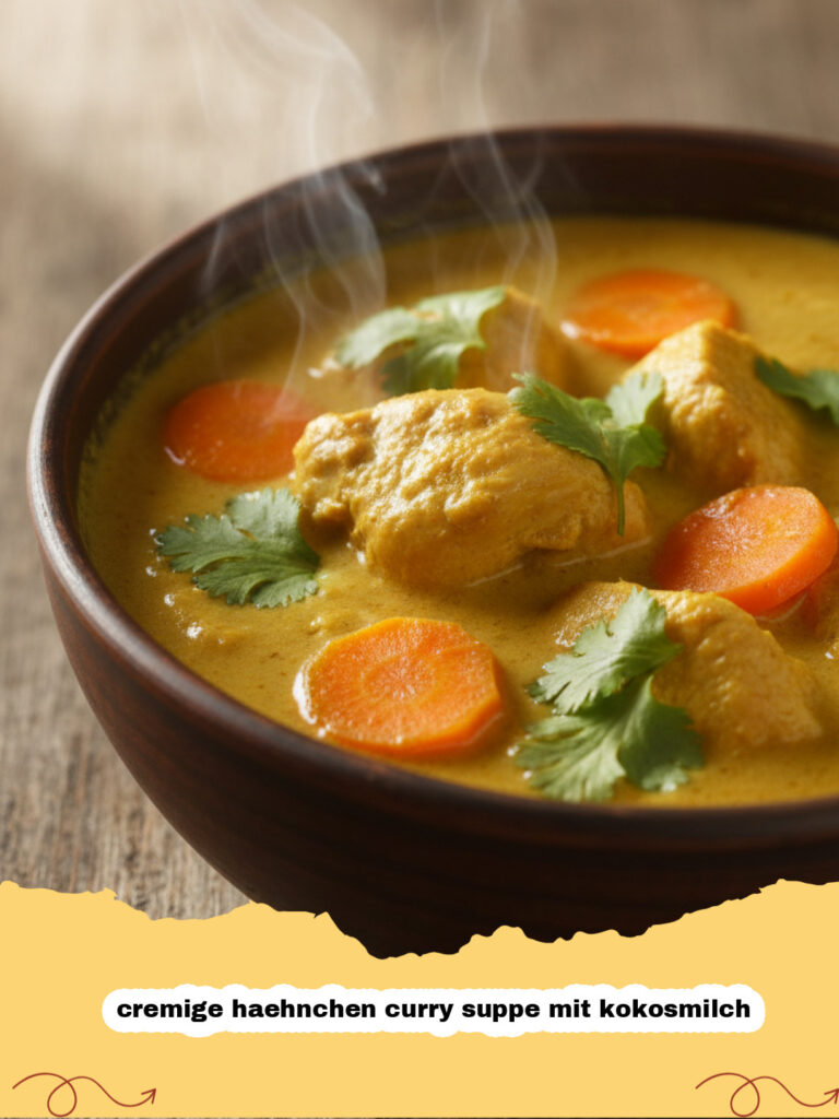 cremige haehnchen curry suppe mit kokosmilch - Eine dampfende Schale cremige Hähnchen Curry Suppe mit Kokosmilch, garniert mit frischem Koriander und Limettenspalten, daneben Reis.