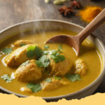 cremige haehnchen curry suppe mit kokosmilch - Schüssel mit cremiger Hähnchen Curry Suppe mit Kokosmilch, garniert mit frischem Koriander und Limettenspalten.