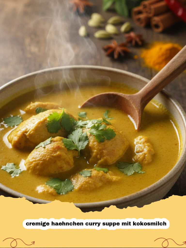 cremige haehnchen curry suppe mit kokosmilch - Schüssel mit cremiger Hähnchen Curry Suppe mit Kokosmilch, garniert mit frischem Koriander und Limettenspalten.