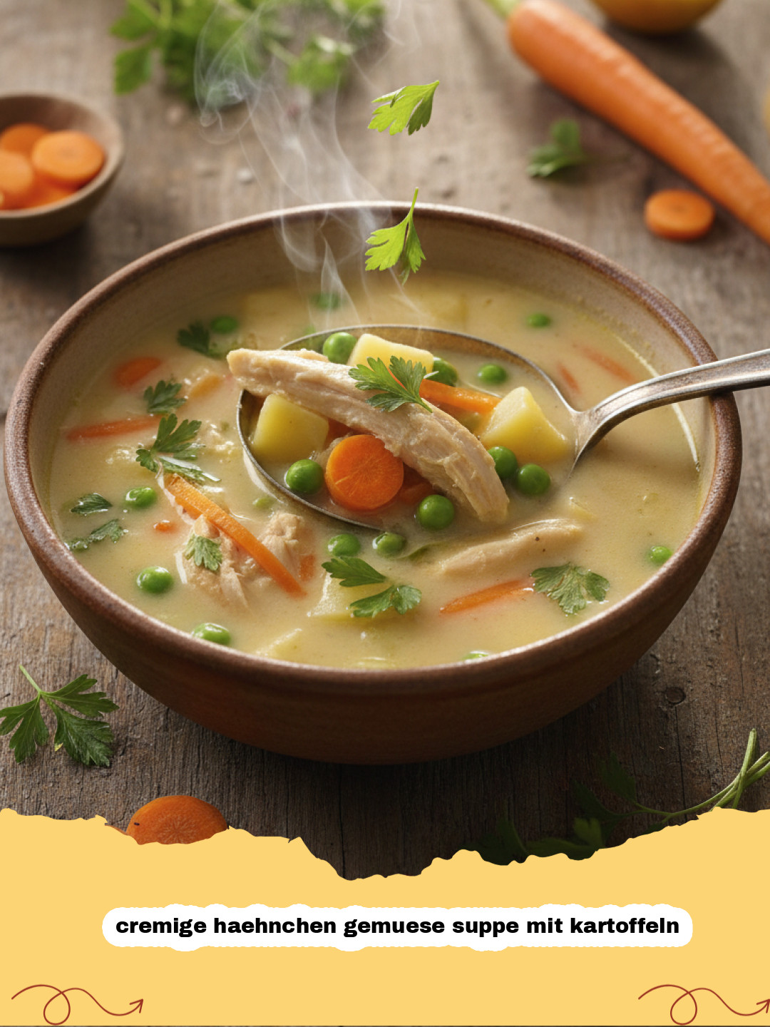 cremige haehnchen gemuese suppe mit kartoffeln - Schüssel mit cremiger Hähnchen-Gemüse-Suppe mit Kartoffeln, garniert mit frischer Petersilie