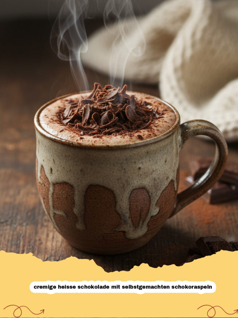 cremige heisse schokolade mit selbstgemachten schokoraspeln - Eine Tasse cremige heisse Schokolade mit fluffigem Schaum und Schokoraspeln oben drauf.