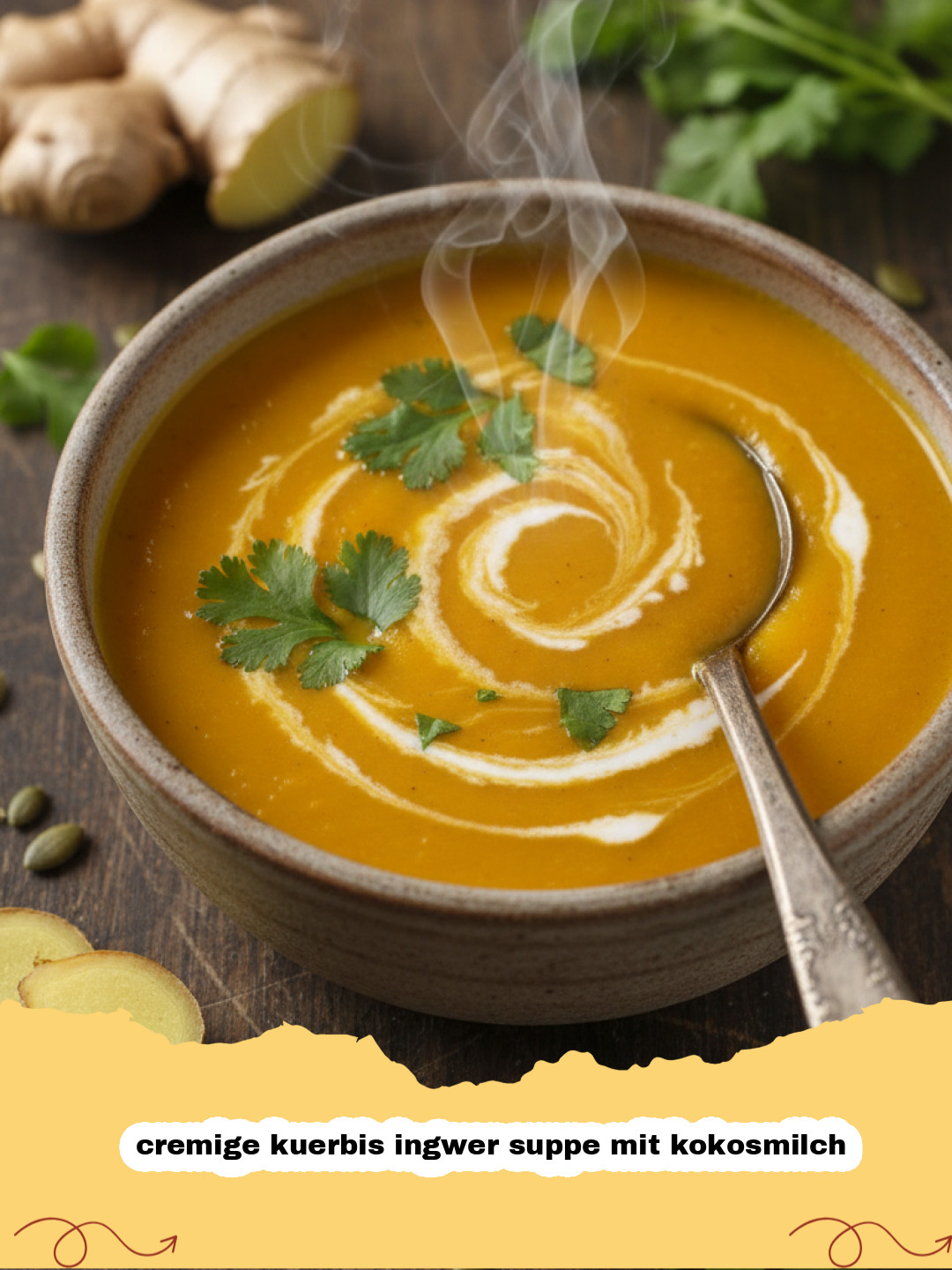 cremige kuerbis ingwer suppe mit kokosmilch - Schüssel mit cremiger Kürbis-Ingwer-Suppe mit Kokosmilch, garniert mit Kürbiskernen und Koriander