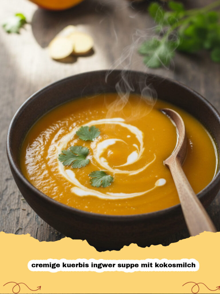 cremige kuerbis ingwer suppe mit kokosmilch - Teller mit cremiger Kürbis Ingwer Suppe mit Kokosmilch, garniert mit Kürbiskernen und Koriander