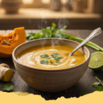 cremige kuerbissuppe mit ingwer und kokosmilch - Eine Schale cremige Kürbissuppe mit Ingwer und Kokosmilch, garniert mit Kürbiskernen und Koriander