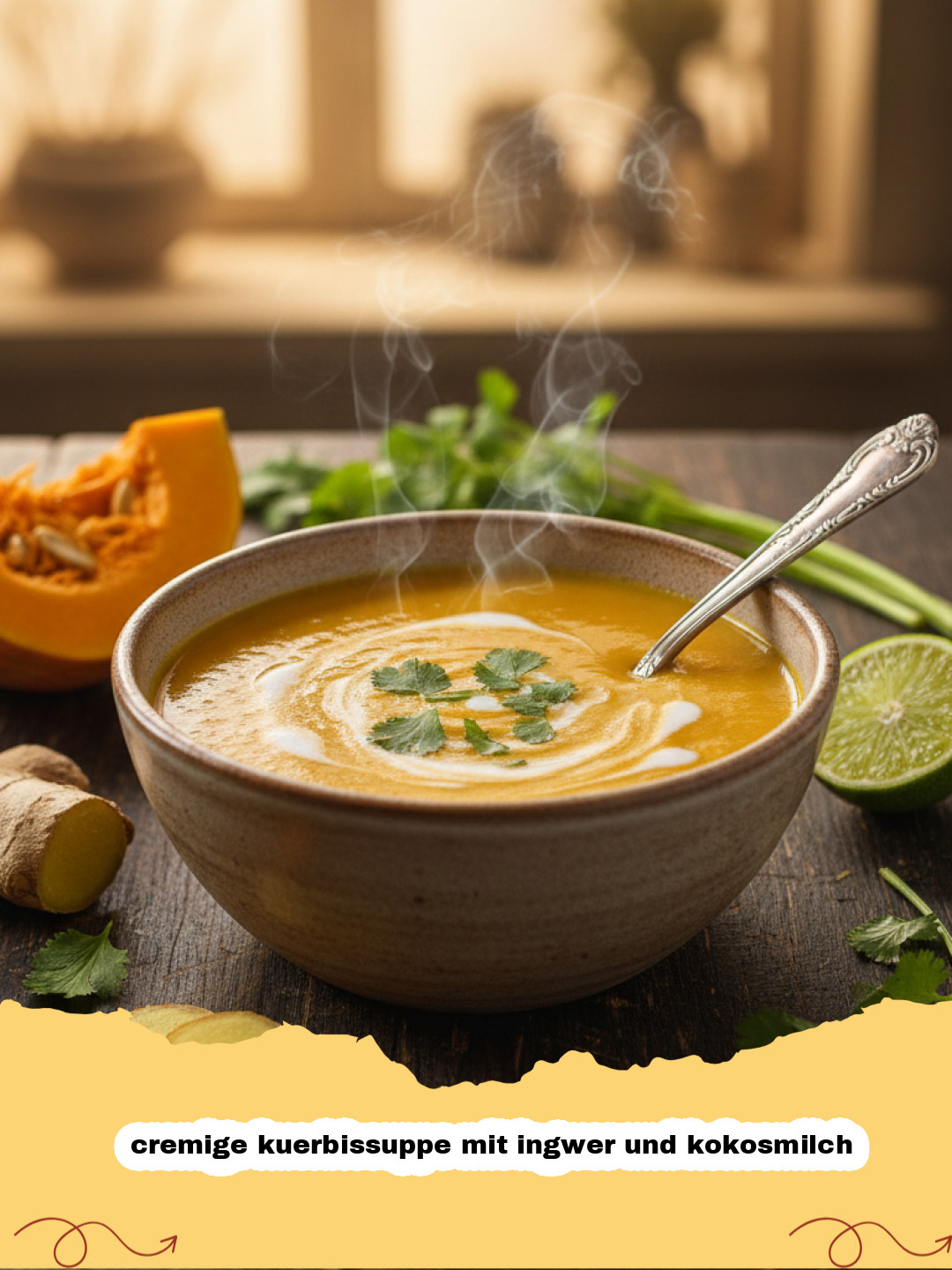 cremige kuerbissuppe mit ingwer und kokosmilch - Eine Schale cremige Kürbissuppe mit Ingwer und Kokosmilch, garniert mit Kürbiskernen und Koriander