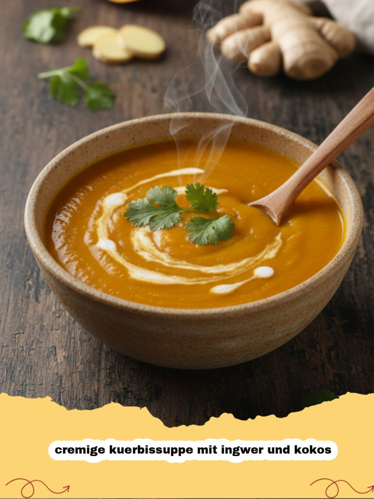 cremige kuerbissuppe mit ingwer und kokos - Eine appetitliche Schale cremiger Kürbissuppe mit Ingwer und Kokos, garniert mit frischem Koriander und gerösteten Kürbiskernen auf einem rustikalen Holztisch.