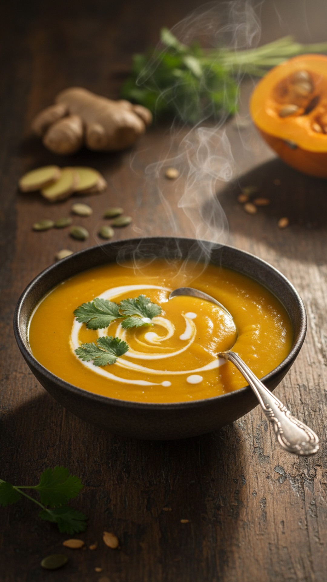 Cremige Kürbissuppe mit Ingwer und Kokos Preparation