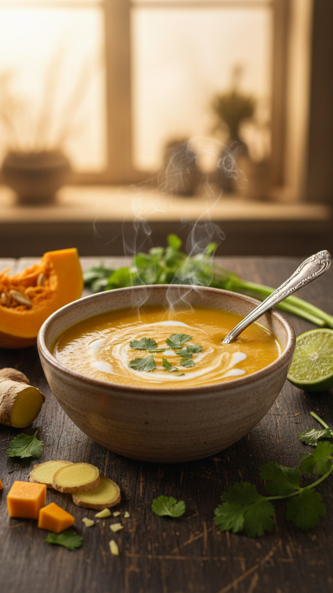 Cremige Kürbissuppe mit Ingwer und Kokosmilch Preparation