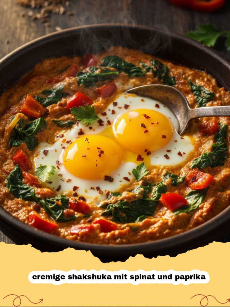 cremige shakshuka mit spinat und paprika - Eine köstliche, cremige Shakshuka mit Spinat und Paprika in einer Gusseisenpfanne, verziert mit frischer Petersilie und pochierten Eiern.