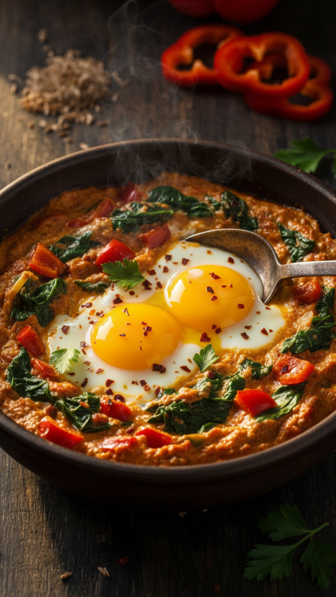 Cremige Shakshuka mit Spinat und Paprika Preparation