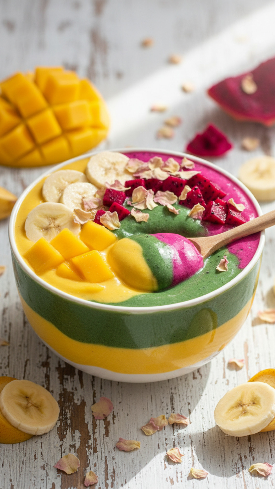 Cremige Smoothie Bowl in Drei Farben mit Toppings Preparation