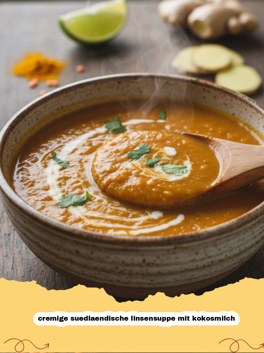 cremige suedlaendische linsensuppe mit kokosmilch - Eine Schale cremige südindische Linsensuppe mit Kokosmilch, garniert mit frischem Koriander.