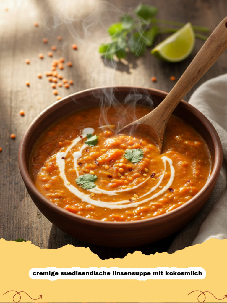 cremige suedlaendische linsensuppe mit kokosmilch - Schale mit cremiger Südländischer Linsensuppe mit Kokosmilch, garniert mit frischem Koriander und einem Spritzer Kokosmilch