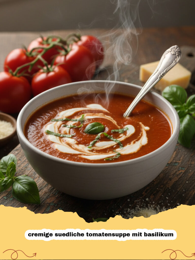 cremige suedliche tomatensuppe mit basilikum - Schüssel cremige südliche Tomatensuppe mit frischem Basilikum und Brot