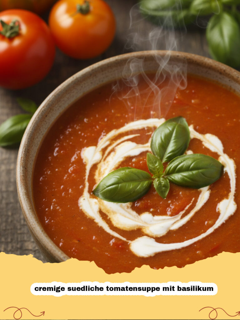 cremige suedliche tomatensuppe mit basilikum - Schüssel cremige südliche Tomatensuppe mit frischem Basilikum und einem Schuss Sahne