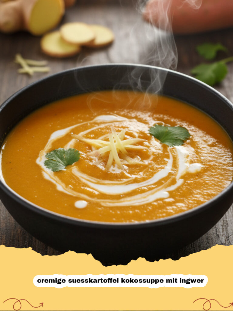 cremige suesskartoffel kokossuppe mit ingwer - Schüssel mit cremiger Süßkartoffel-Kokos-Ingwer-Suppe, garniert mit frischem Koriander und Kokoschips