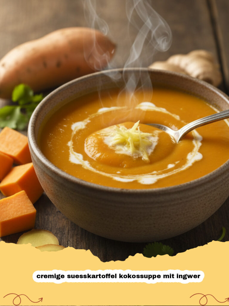 cremige suesskartoffel kokossuppe mit ingwer - Eine cremige Süßkartoffel Kokossuppe mit Ingwer, garniert mit frischem Koriander und Kokoschips in einer rustikalen Schüssel.