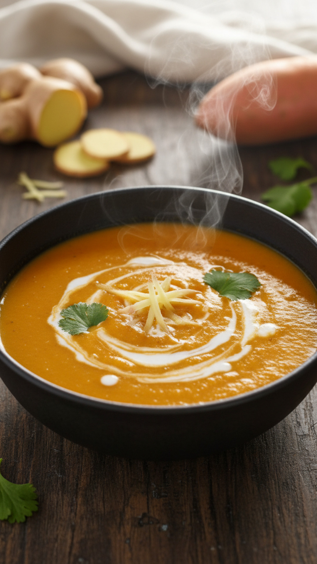 Cremige Süßkartoffel Kokossuppe mit Ingwer Preparation