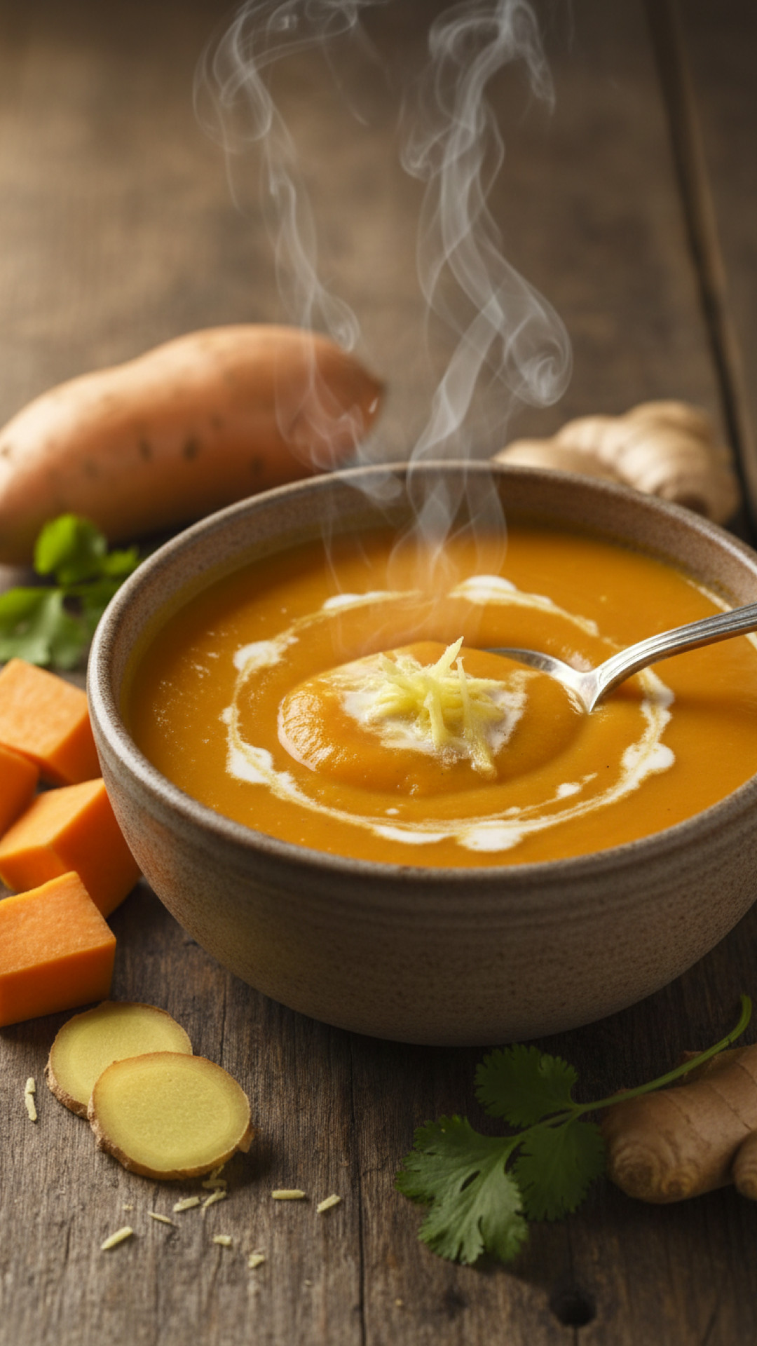 Cremige Süßkartoffel Kokossuppe mit Ingwer Preparation