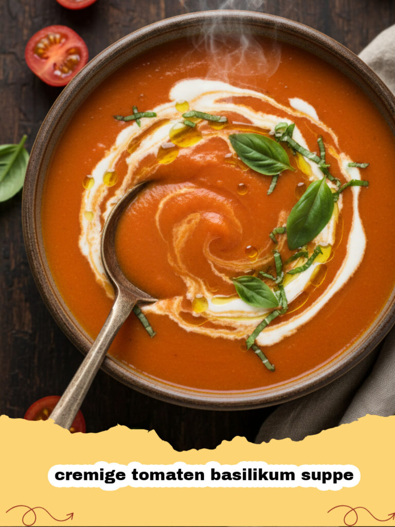 cremige tomaten basilikum suppe - Eine Schüssel cremige Tomaten Basilikum Suppe, garniert mit frischen Basilikumblättern und einem Schuss Olivenöl, daneben geröstetes Brot.