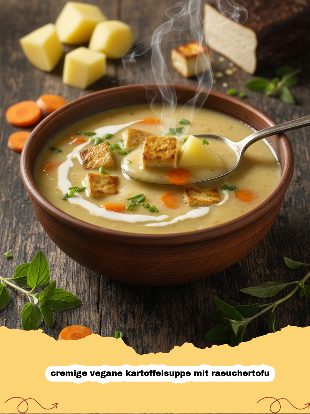 cremige vegane kartoffelsuppe mit raeuchertofu - Eine Schale cremiger veganer Kartoffelsuppe mit Räuchertofu und frischer Petersilie