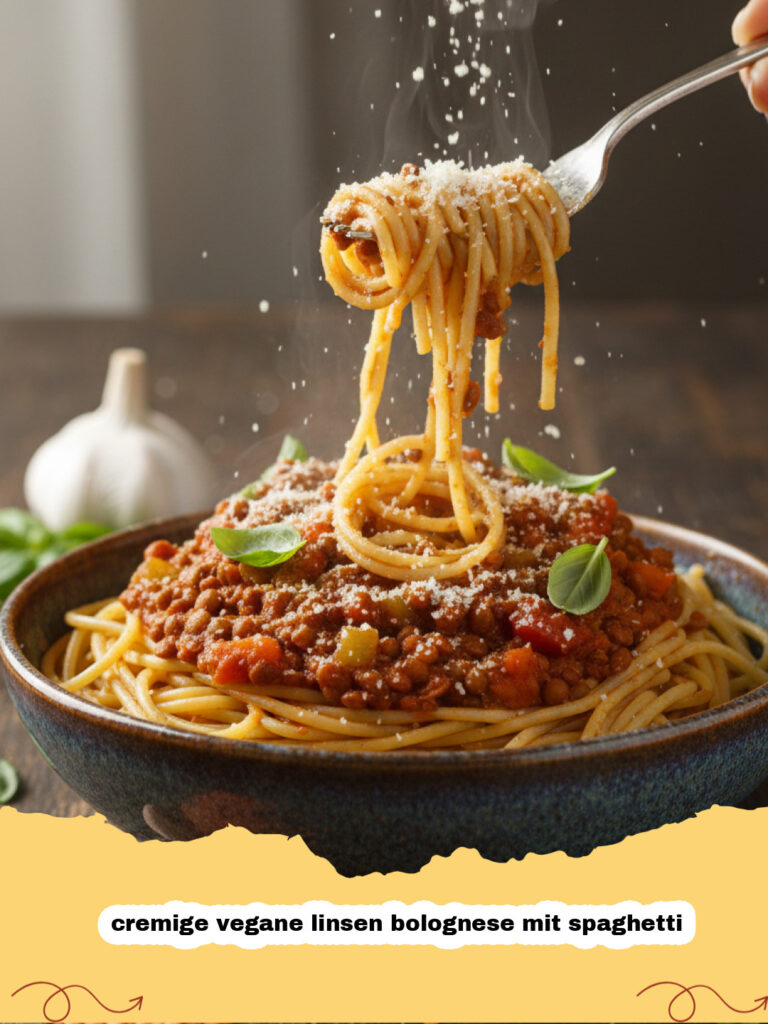 cremige vegane linsen bolognese mit spaghetti - Teller mit cremiger veganer Linsen Bolognese und Spaghetti, garniert mit frischem Basilikum.