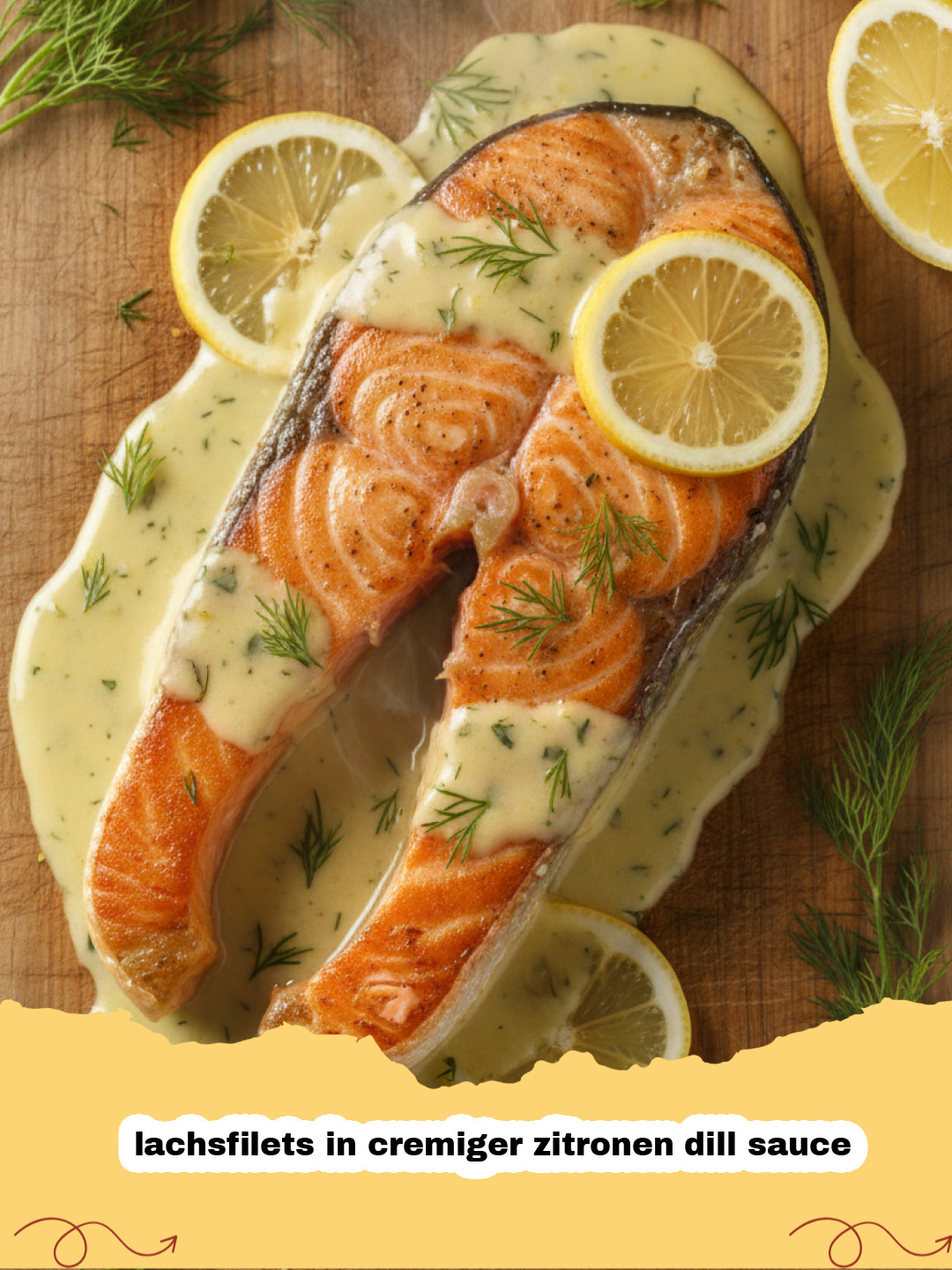 lachsfilets in cremiger zitronen dill sauce - Nahaufnahme von Lachsfilets in cremiger Zitronen-Dill-Sauce, serviert mit frischem Dill und Zitronenscheiben
