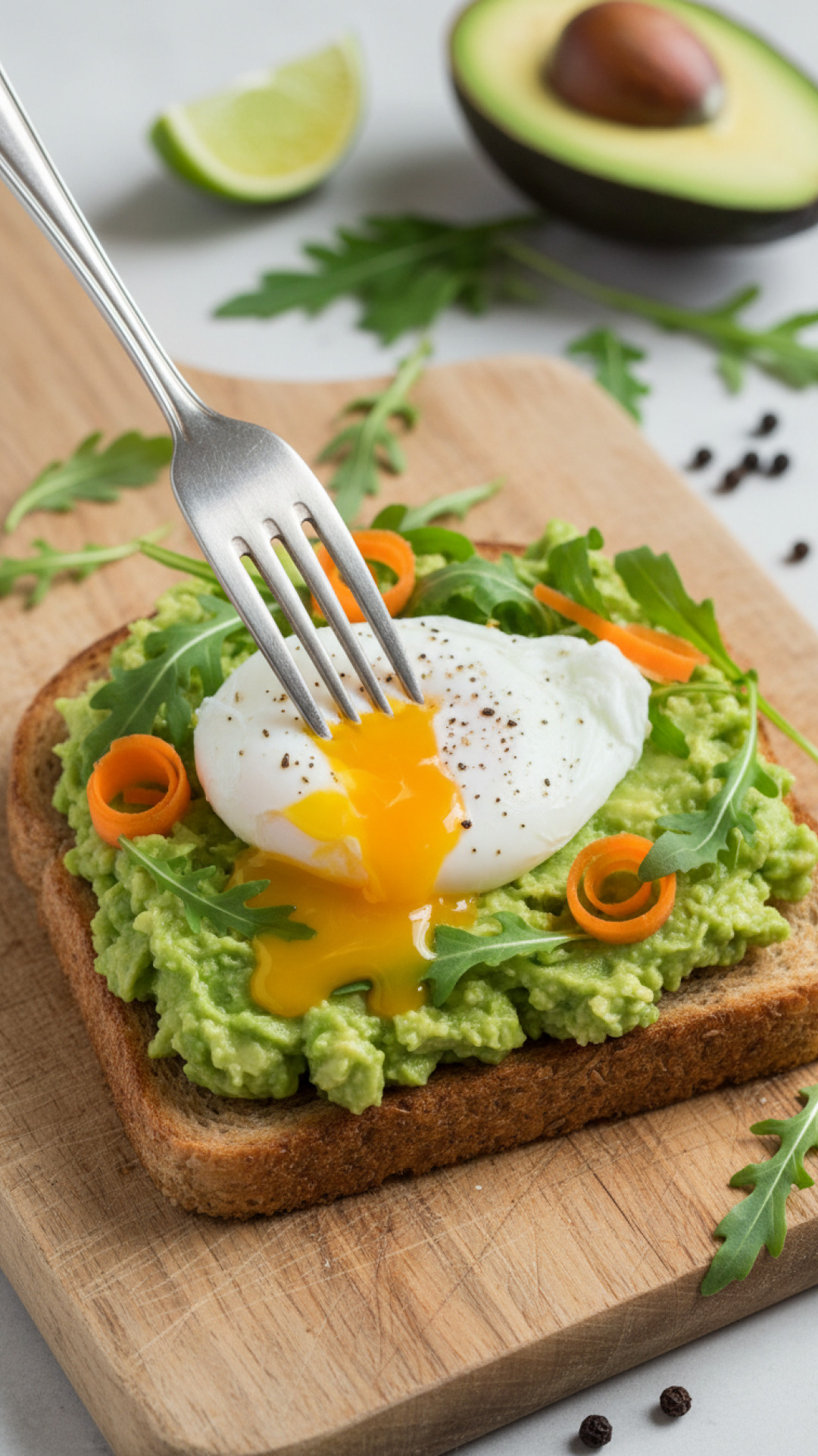 Cremiger Avocado Toast mit pochiertem Ei und Rucola Preparation