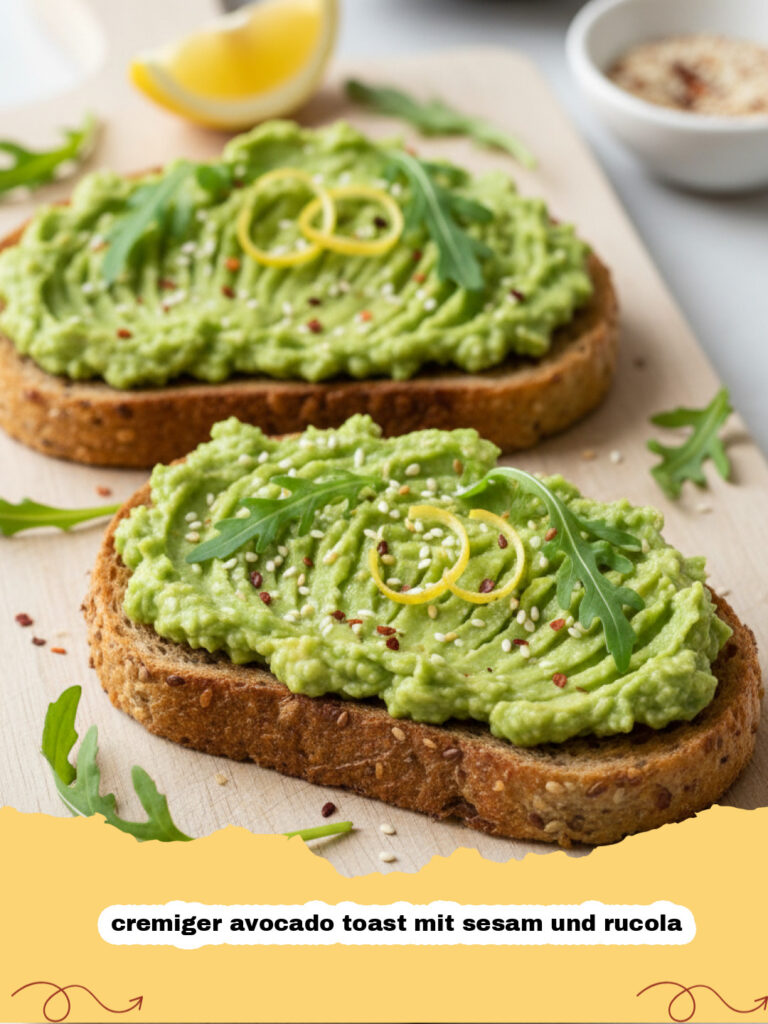 cremiger avocado toast mit sesam und rucola - Cremiger Avocado Toast mit Sesam und Rucola auf einem Holzteller