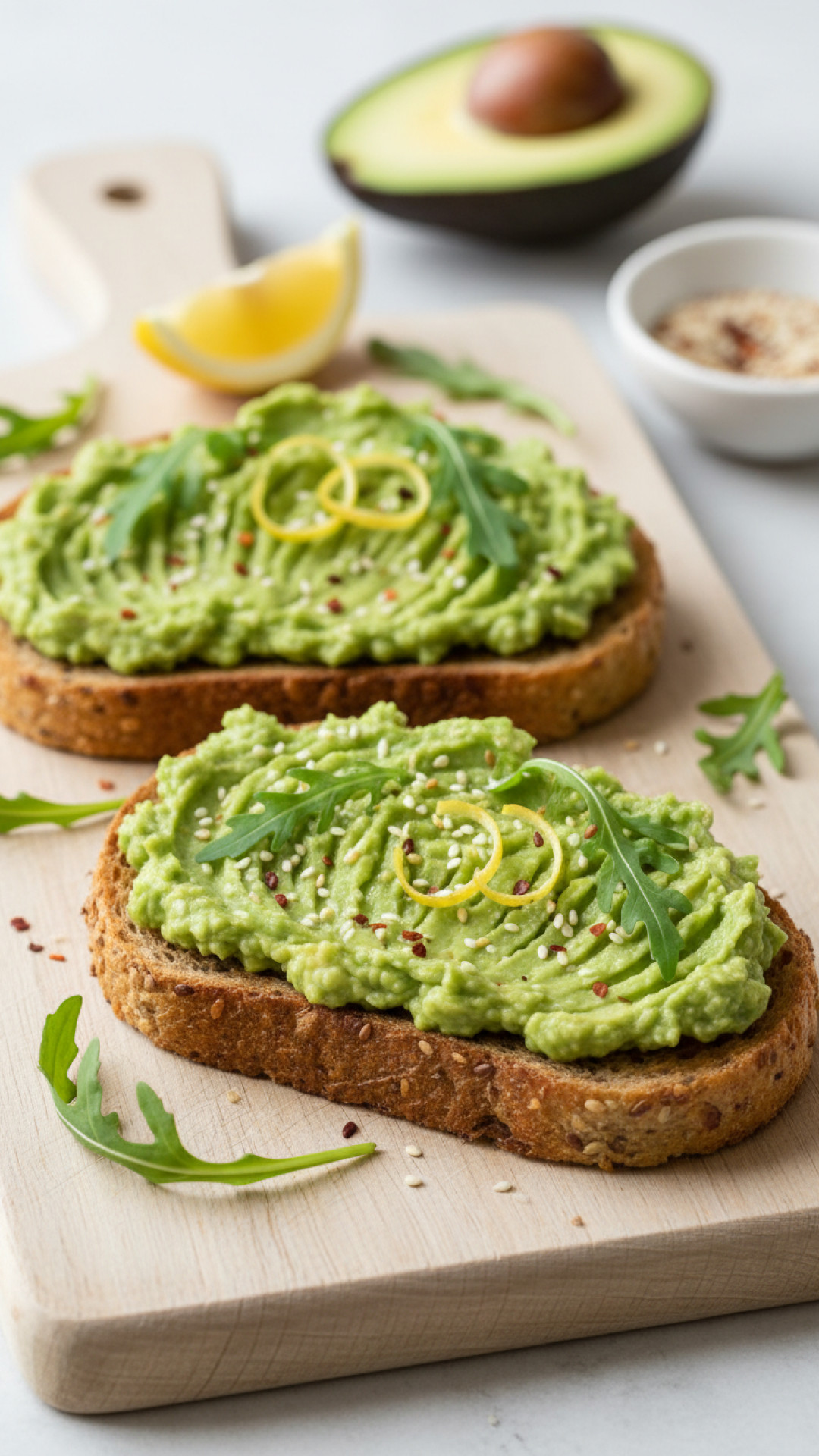 Cremiger Avocado Toast mit Sesam und Rucola Preparation