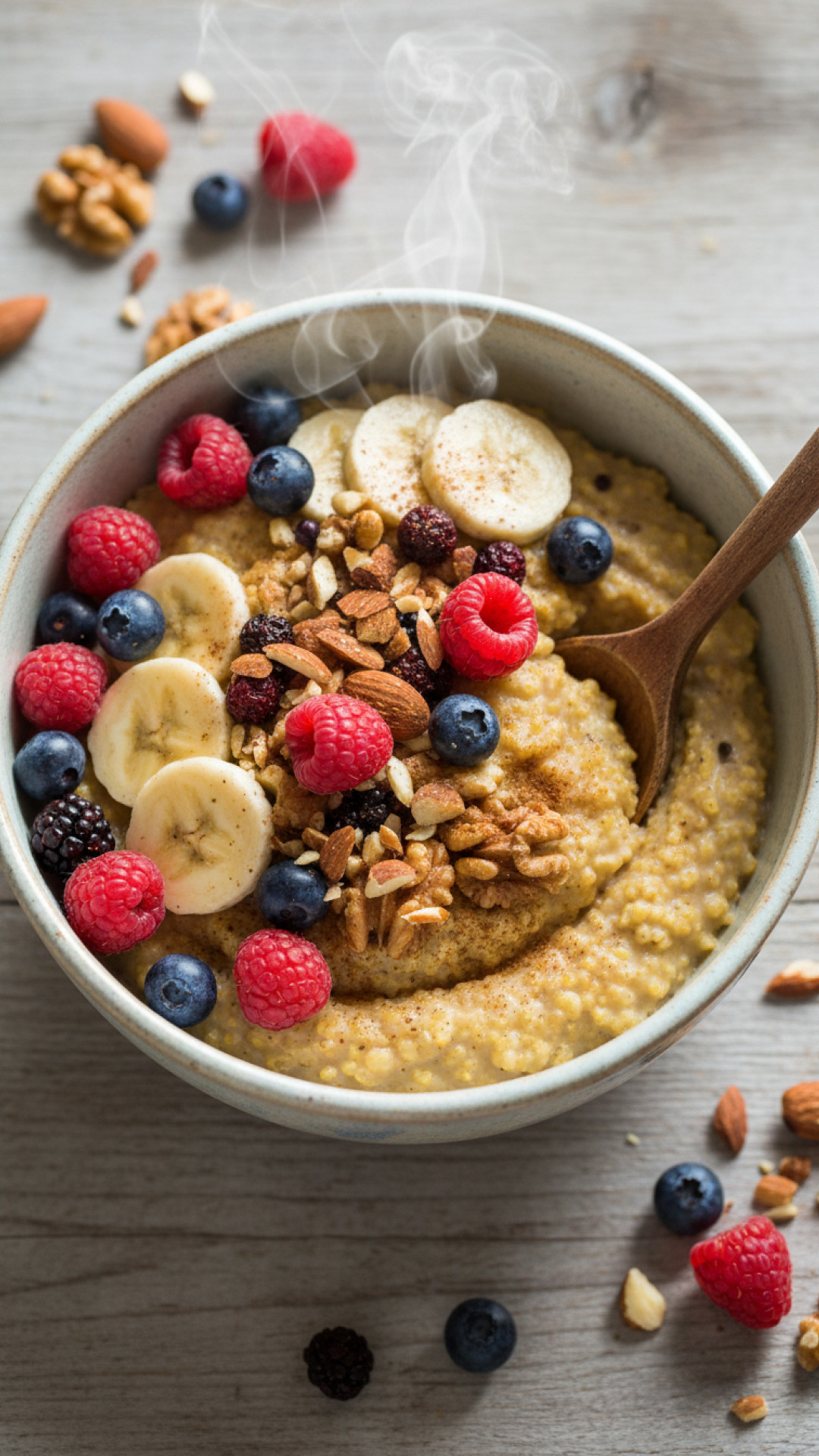 Cremiger Hirsebrei mit Beeren und Nüssen Preparation