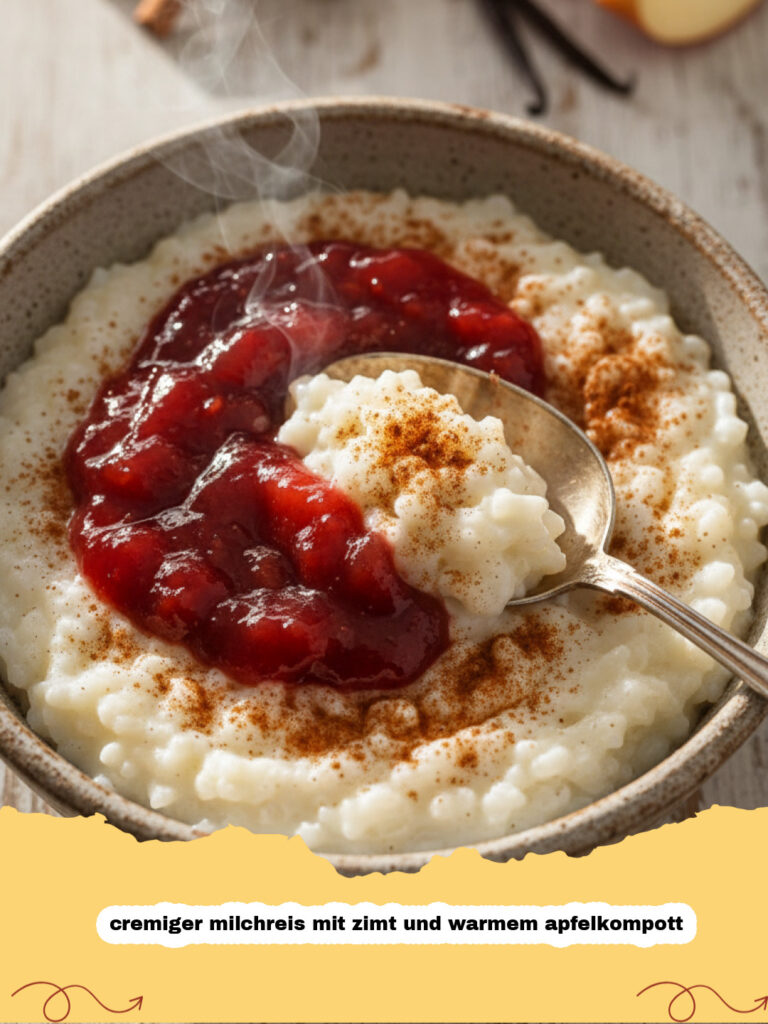 cremiger milchreis mit zimt und warmem apfelkompott - Schüssel mit cremigen Milchreis, Zimt und goldenem Apfelkompott