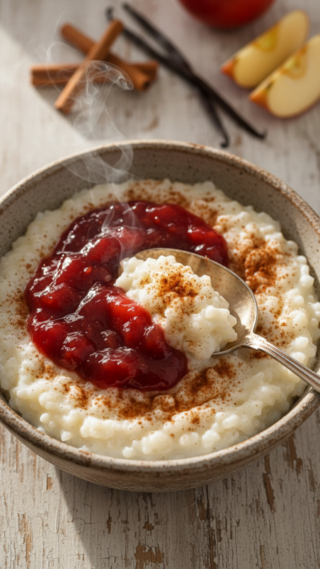 Cremiger Milchreis mit Zimt und warmem Apfelkompott Preparation