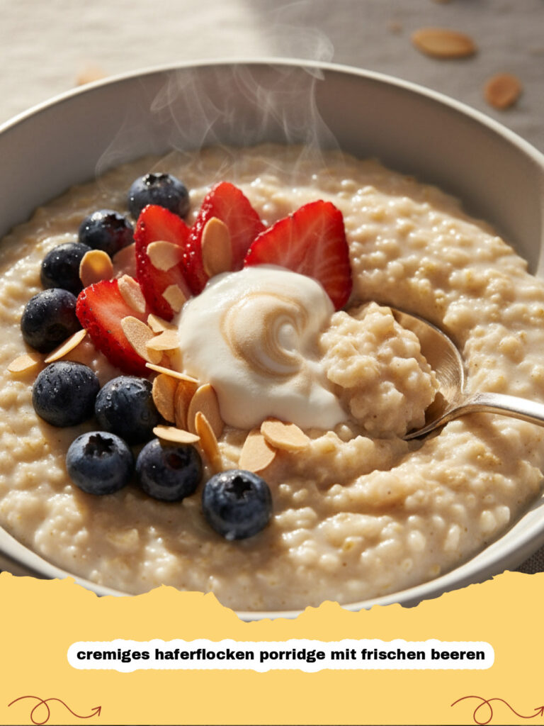 cremiges haferflocken porridge mit frischen beeren - Ein dampfendes cremiges Haferflocken Porridge mit frischen Beeren, garniert mit weiteren Beeren und Nüssen in einer rustikalen Schale.