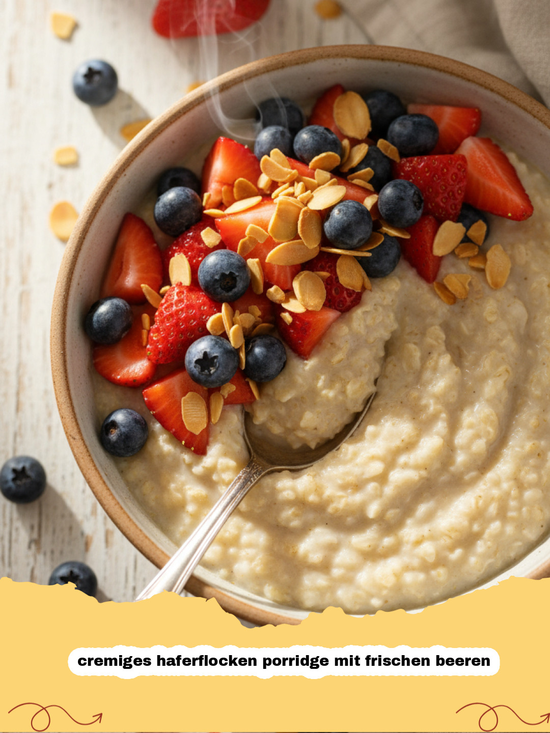 cremiges haferflocken porridge mit frischen beeren - Schüssel mit cremigem Haferflocken Porridge, reichlich belegt mit frischen Erdbeeren, Heidelbeeren und Himbeeren, mit einem Löffel bereit zum Essen.