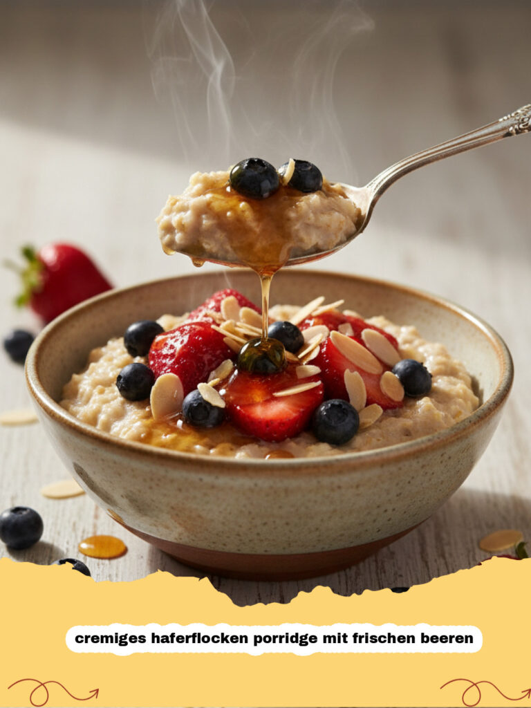 cremiges haferflocken porridge mit frischen beeren - Nahaufnahme eines cremigen Haferflocken Porridges mit frischen Heidelbeeren, Himbeeren und einem Spritzer Ahornsirup in einer rustikalen Schale.