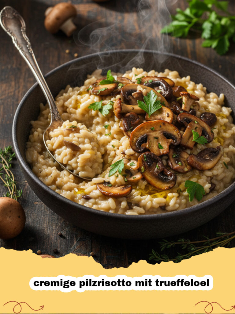 cremige pilzrisotto mit trueffeloel - Cremiges Pilzrisotto mit Trüffelöl in einer Schale, garniert mit Kräutern und Parmesan