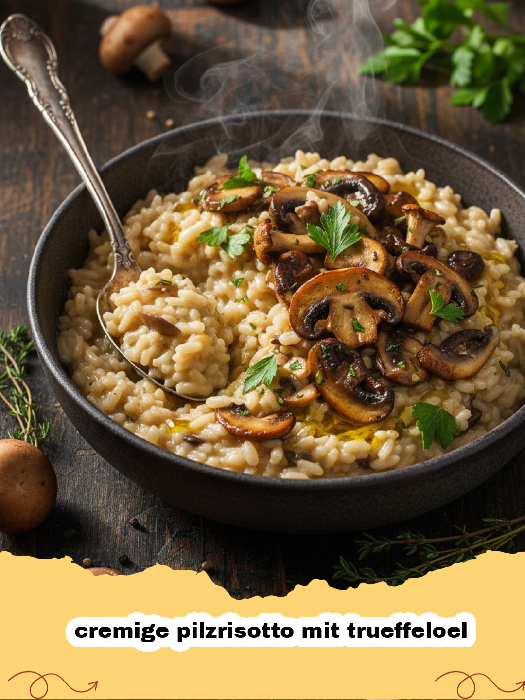 cremige pilzrisotto mit trueffeloel - Cremiges Pilzrisotto mit Trüffelöl in einer Schale, garniert mit Kräutern und Parmesan