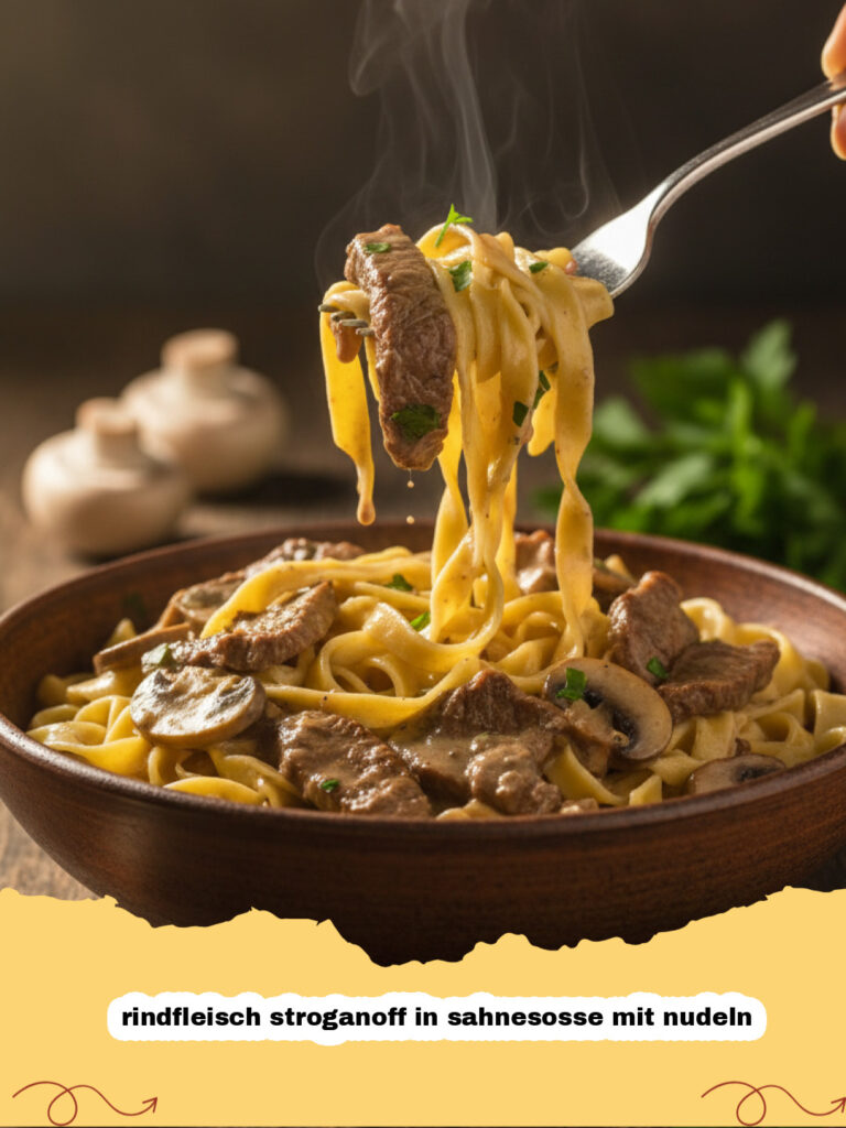 rindfleisch stroganoff in sahnesosse mit nudeln - Ein Teller mit cremigem Rindfleisch Stroganoff in Sahnesoße und Bandnudeln, garniert mit frischer Petersilie.
