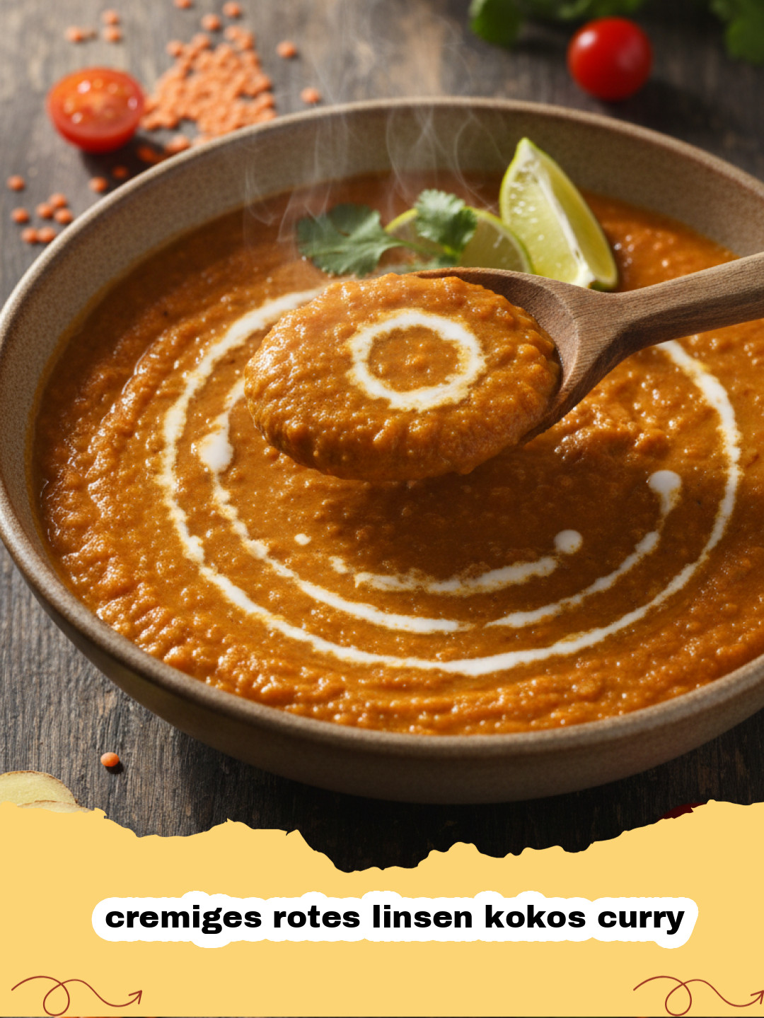 cremiges rotes linsen kokos curry - Ein dampfendes cremiges rotes Linsen-Kokos-Curry in einer Schale, garniert mit frischem Koriander, daneben eine Schale Reis.