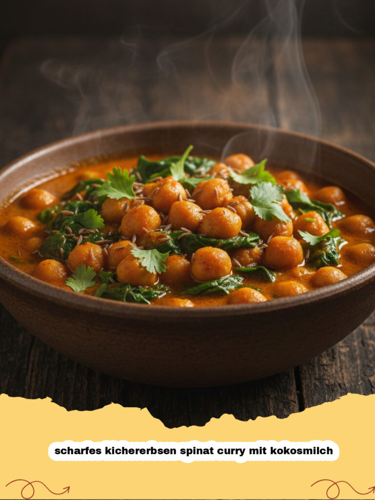 scharfes kichererbsen spinat curry mit kokosmilch - Ein dampfendes, scharfes Kichererbsen-Spinat-Curry mit Kokosmilch in einer Schüssel, garniert mit frischem Koriander.
