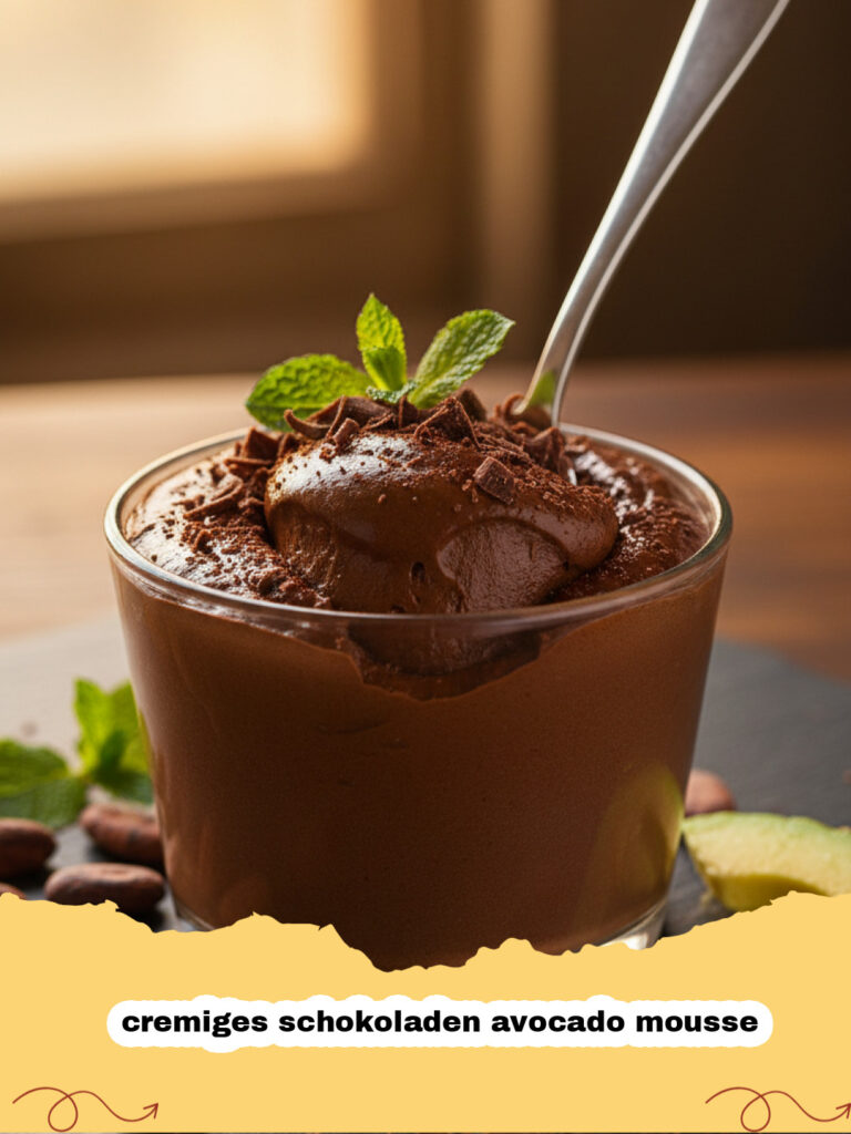 cremiges schokoladen avocado mousse - Ein cremiges Schokoladen Avocado Mousse in einem Glas mit frischen Himbeeren und einem Minzblatt garniert.