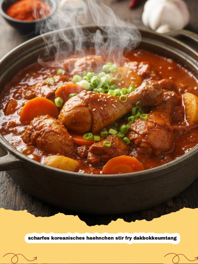 scharfes koreanisches haehnchen stir fry dakbokkeumtang - Scharfes koreanisches Hähnchen Stir Fry Dakbokkeumtang in einer Pfanne mit Reis und Gemüse serviert