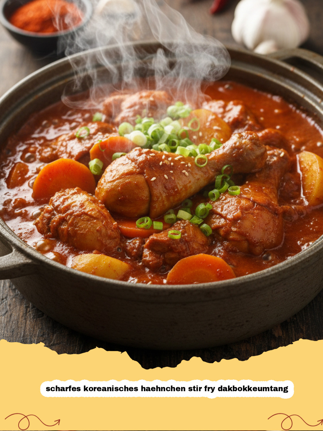 scharfes koreanisches haehnchen stir fry dakbokkeumtang - Scharfes koreanisches Hähnchen Stir Fry Dakbokkeumtang in einer Pfanne mit Reis und Gemüse serviert