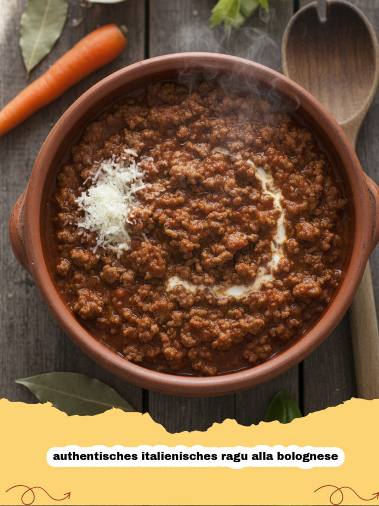 authentisches italienisches ragu alla bolognese - Authentisches italienisches Ragu alla Bolognese in einem Schmortopf serviert mit Tagliatelle