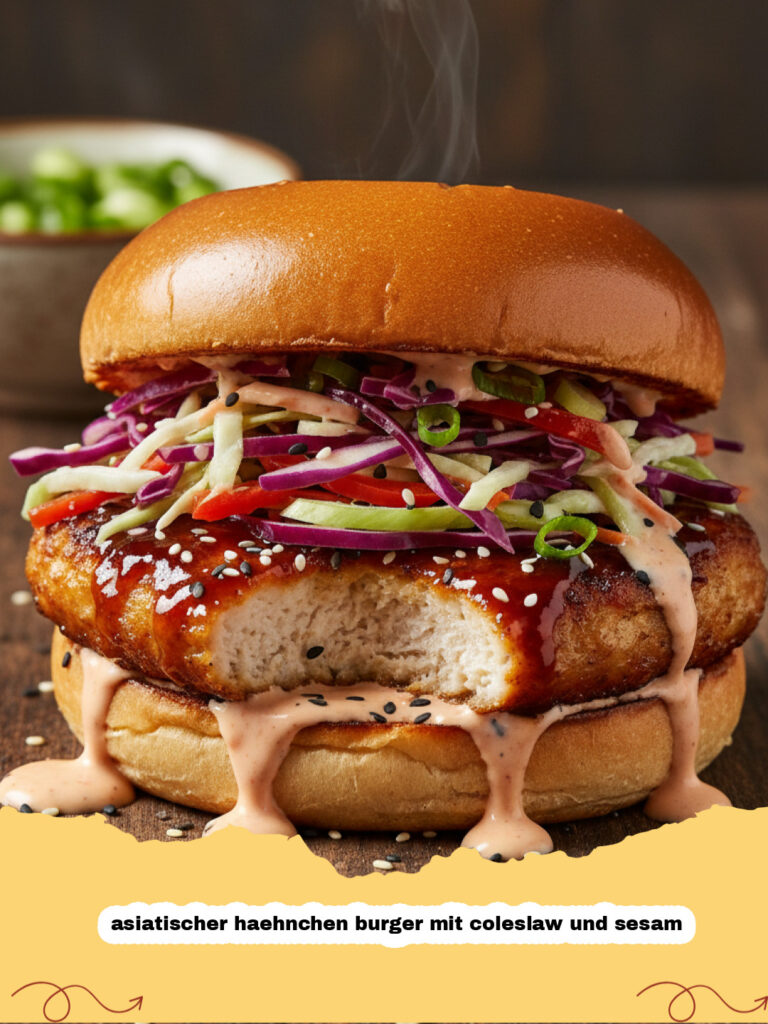 asiatischer haehnchen burger mit coleslaw und sesam - Ein saftiger asiatischer Hähnchen Burger mit buntem Coleslaw auf einem Holzbrett