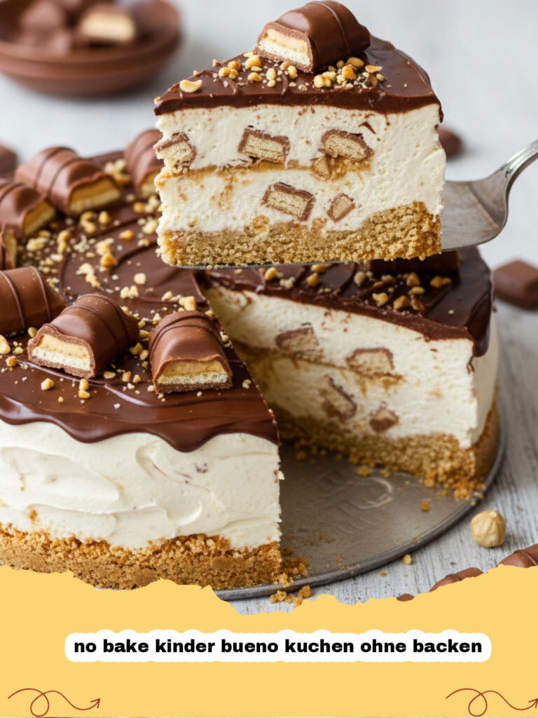 no bake kinder bueno kuchen ohne backen - Ein Stück No Bake Kinder Bueno Kuchen ohne Backen auf einem Teller, garniert mit Schokolade.